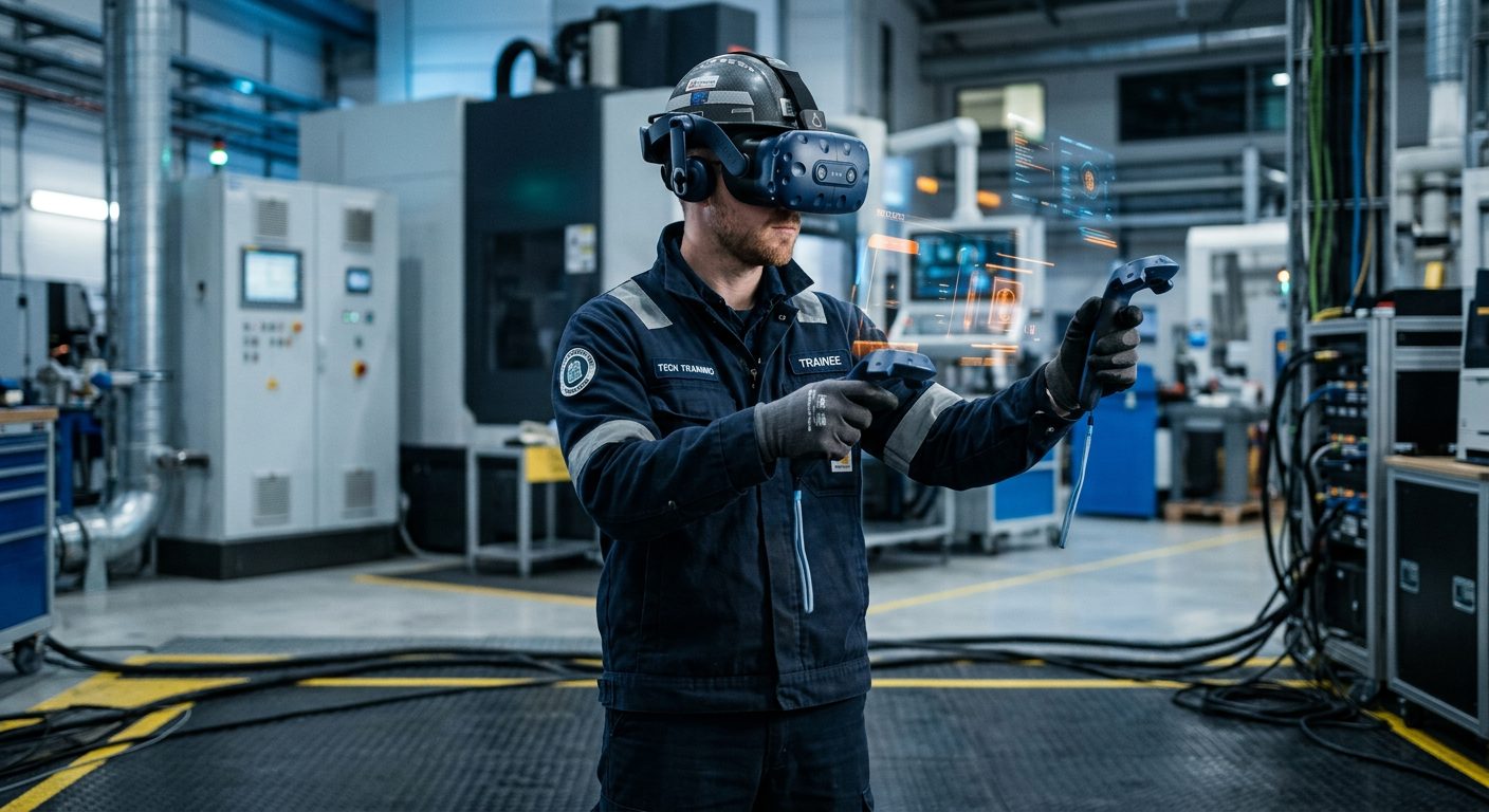 Lavoratore specializzato in ambiente industriale pulito indossa un visore di realtà virtuale per una simulazione di addestramento e sicurezza sul lavoro. Realtà virtuale per formazione.